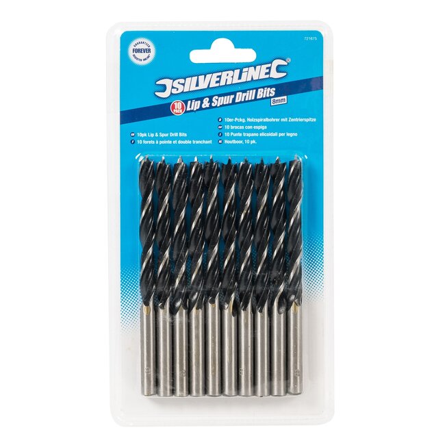 Silverline houtborenset - koolstofstaal - centreerpunt, dubbele spiraal - 8 mm - zwart - 10 stuks - hout en plaatmateriaal