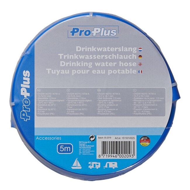 ProPlus Drinkwaterslang - 5 meter - Temperatuurbestendig - Blauw - Ø 15 mm extern, Ø 10 mm intern