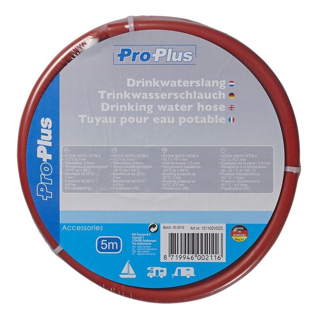 ProPlus Drinkwaterslang - 5 meter - Ø 15 mm buiten - Ø 10 mm binnen - Rood - Duurzaam en temperatuurbestendig