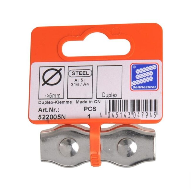 Seilflechter Duplex staaldraadklem - roestvast staal - 5 mm - zilverkleurig