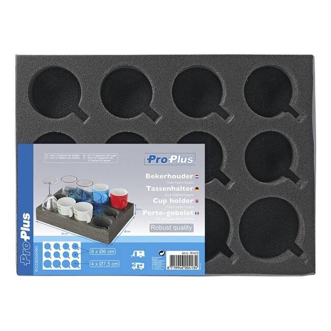 ProPlus Bekerhouder - Hard Foam - Voor 12 Glazen en Kopjes - 34 x 25 x 6 cm - Zwart
