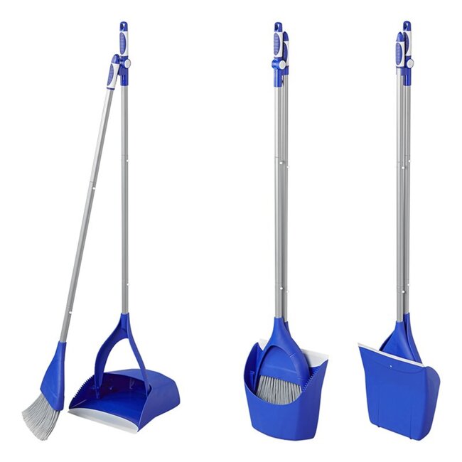 ProPlus Stoffer & blik met steel en deksel - demonteerbaar - ruimtebesparend - blauw kunststof - 117,5 x 28 x 9,8 cm