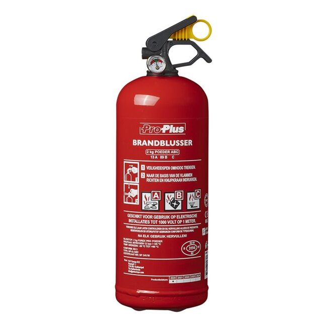 ProPlus Brandblusser met manometer - poeder - brandklasse ABC - 2 kg - vorstbestendig - geschikt voor voertuigen en boten