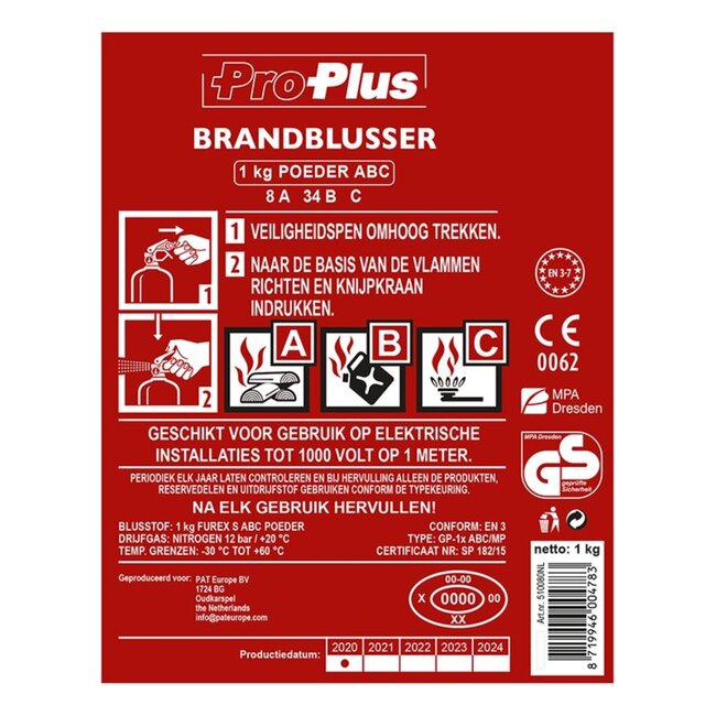 ProPlus Brandblusser met manometer - poeder - brandklasse ABC - 1 kg - vorstbestendig - universeel inzetbaar