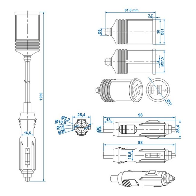 ProPlus Verlengkabel met USB lader - 2-weg - 1 meter - 12/24V - Snelle oplading