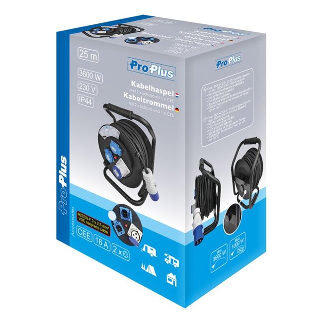 ProPlus Kabelhaspel - 25 meter - 3 x 2,5 mm² - 2 Schuko WCD - CEE Stekker