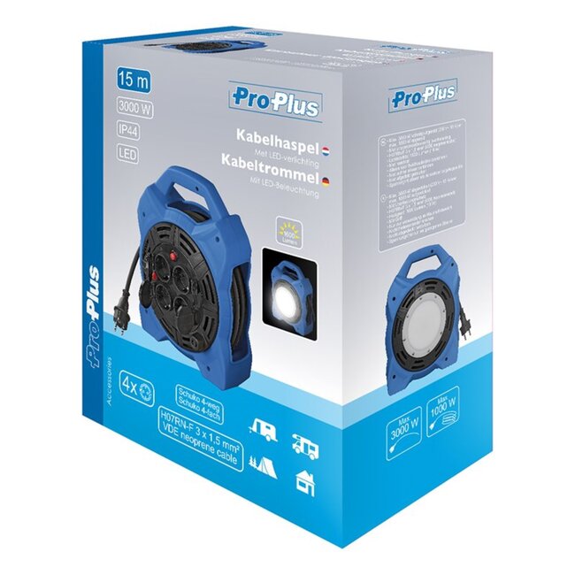 ProPlus Kabelhaspel - 4 aansluitingen - 15 meter - 18W LED - met stroomonderbreker