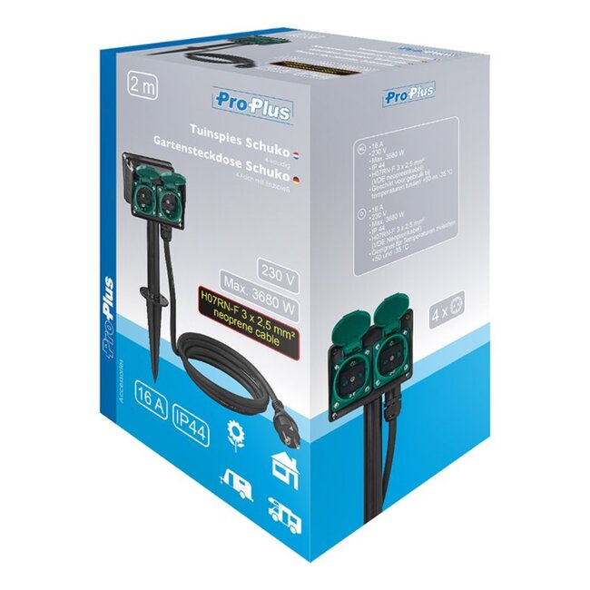 ProPlus Dubbele tuincontactdoos - 4-voudig - 2 meter kabel - IP44 - 3680W - Neopreenkabel