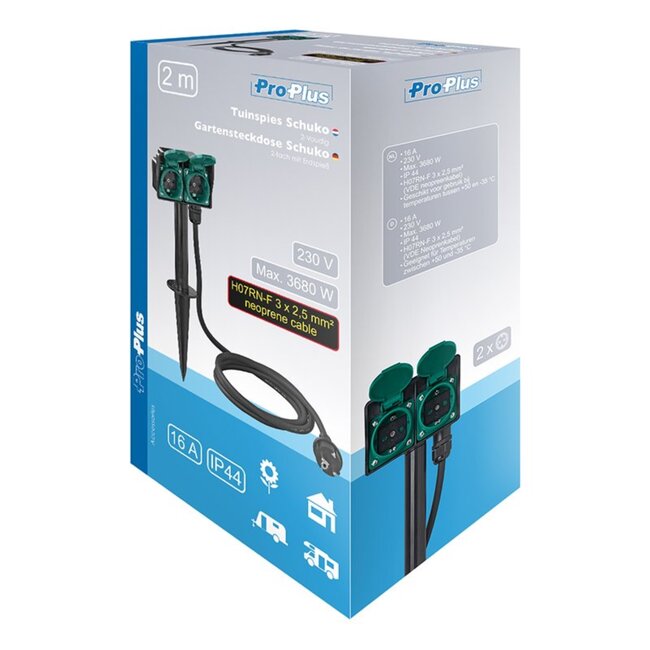 ProPlus Dubbele tuincontactdoos - 2-voudig - 2 meter kabel - IP44 - 3680W vermogen