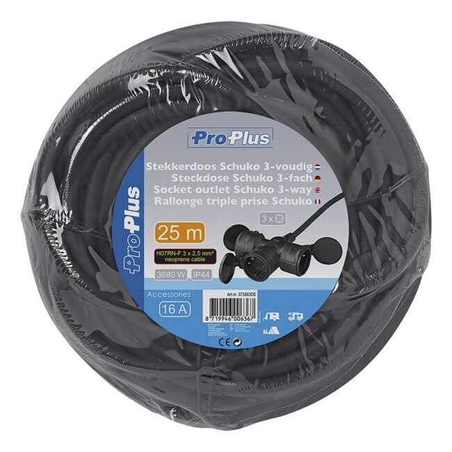 ProPlus Schuko stekkerdoos - 3-voudig - 25 meter - IP44 - Neopreenkabel