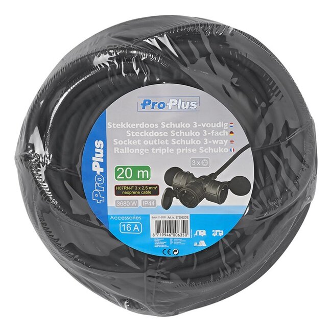 ProPlus Stekkerdoos - 3-voudig - 20 meter - IP44 - Neopreenkabel