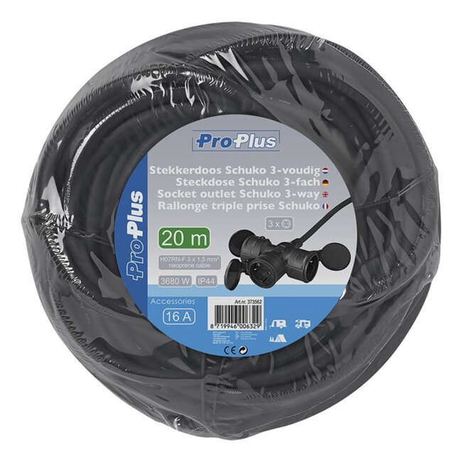 ProPlus 3-voudige Schuko stekkerdoos - 20 meter kabel - IP44 bescherming - H07RN-F neopreenkabel