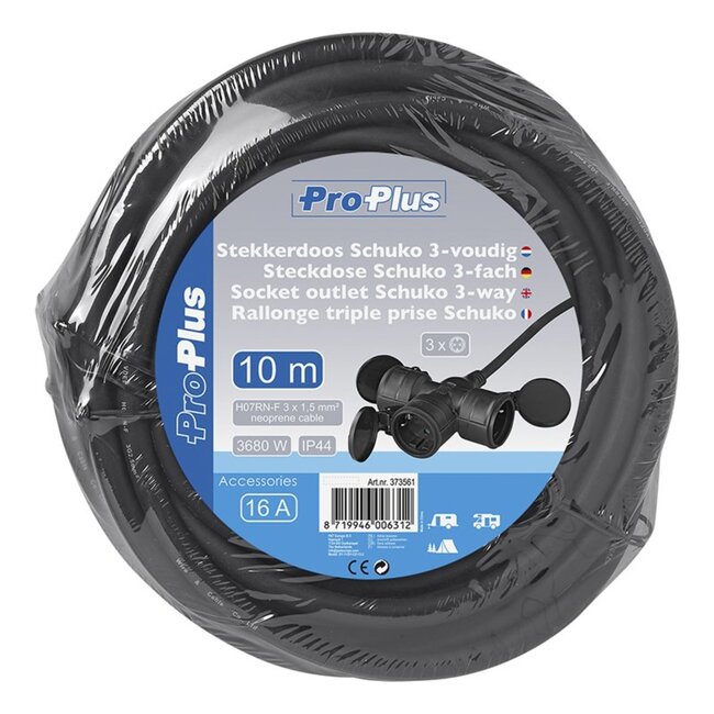 ProPlus 3-voudige stekkerdoos - 10 meter kabel - IP44 waterdicht - H07RN-F neopreenkabel - Temperatuurbestendig