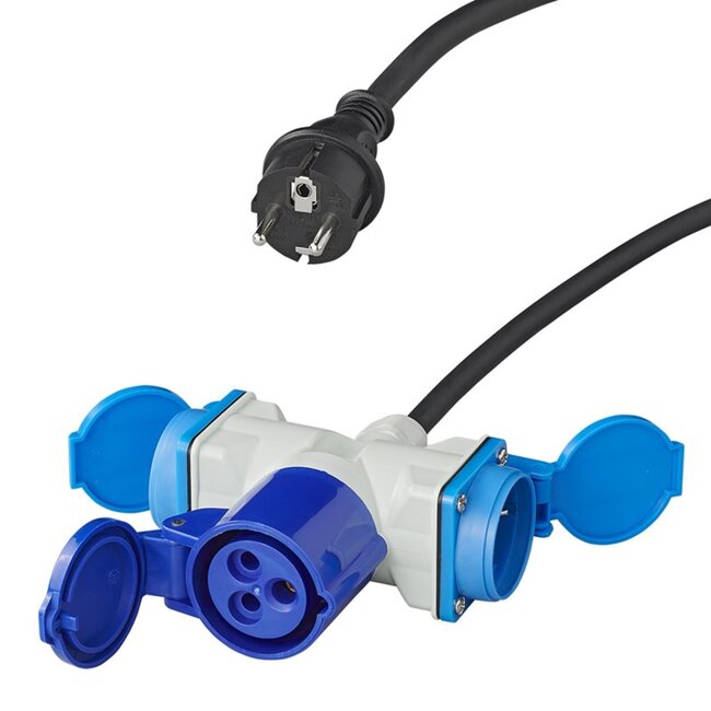 ProPlus Verloopkabel - 3 weg - 150 cm - 3 x 2.5 mm² - Schuko naar CEE en 2 x Schuko
