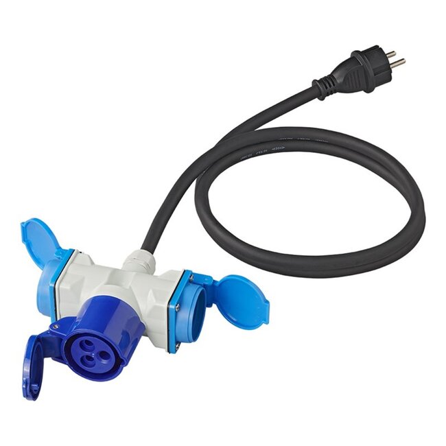 ProPlus Verloopkabel - 3 weg - 150 cm - Schuko naar CEE en 2x Schuko - IP44