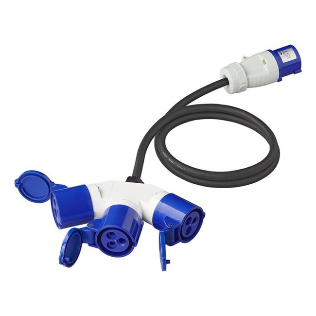 ProPlus Verloopkabel - 3 weg - 150 cm - 3 x 2,5 mm² - van CEE stekker naar 3 CEE contrastekkers