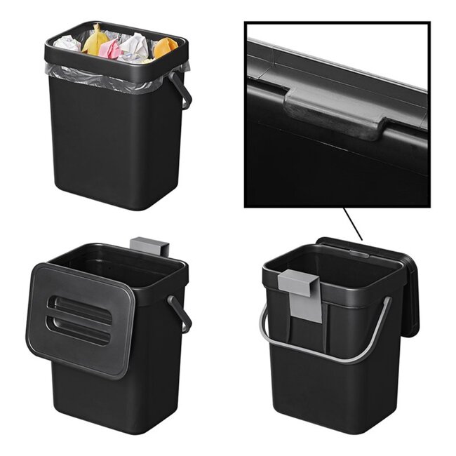 ProPlus Compacte afvalbak met deksel - 5 liter - zwart - ideaal voor caravan en camper