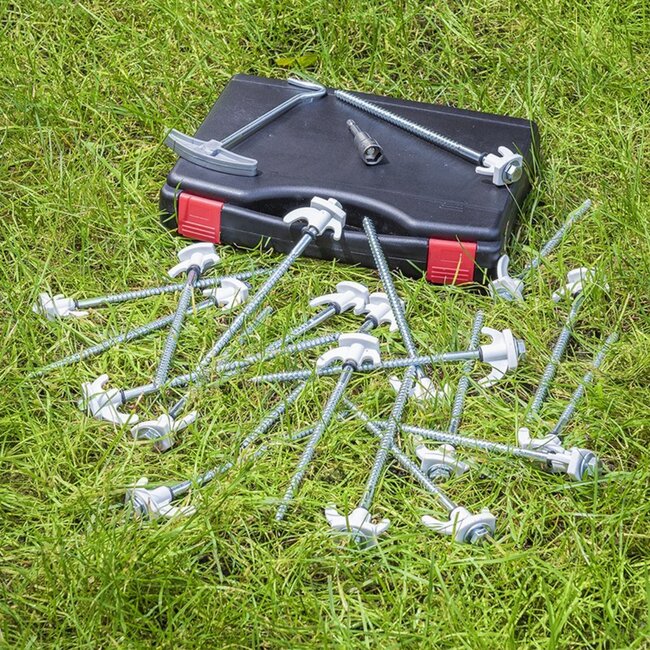 ProPlus Schroefbare tentharingen set - metaal - 20 cm - 20 stuks met adapter en haringtrekker