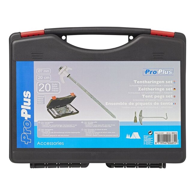 ProPlus Schroefbare tentharingen set - metaal - 20 cm - 20 stuks met adapter en haringtrekker