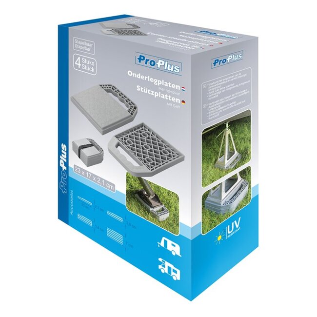 ProPlus Onderlegplaten met handvat - stapelbaar - set van 4 - lichtgewicht kunststof - 23x17x2,1 cm - grijs