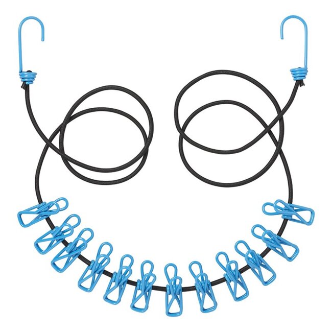 ProPlus Elastische waslijn - 200 tot 330 cm - Inclusief 12 wasknijpers - Zwart/Blauw