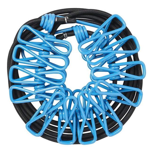 ProPlus Elastische waslijn - 200 tot 330 cm - Inclusief 12 wasknijpers - Zwart/Blauw