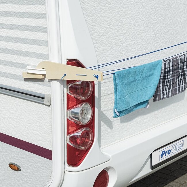 ProPlus Drooglijnhouder voor caravans - 20 meter waslijn - 3-delig - Bevestigingsinkepingen 3,6 cm - Blauw