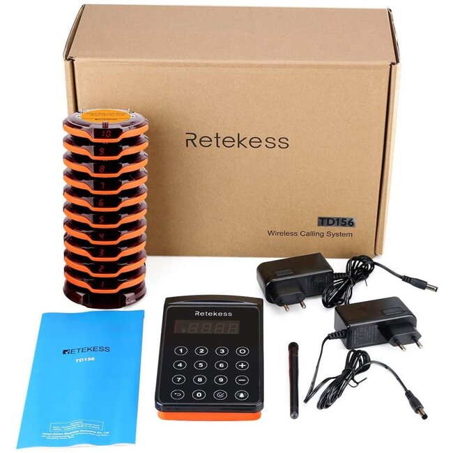 Retekess Horeca oproepsysteem - kunststof - waterdicht IP67, bereik 800 m - schijven 8,0x8,0x1,5 cm - zwart - 10 ontvangers