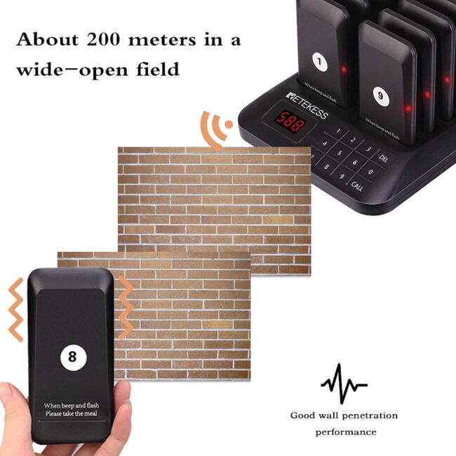 Retekess Gastenoproepsysteem - kunststof - waterdicht IP32 - 300 m bereik - pieper 10,6x5,2x1,1 cm - zwart - 16 stuks - horeca