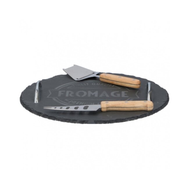 Alpina Ronde kaasplank set - leisteen - 30 cm - inclusief 2 kaasmessen