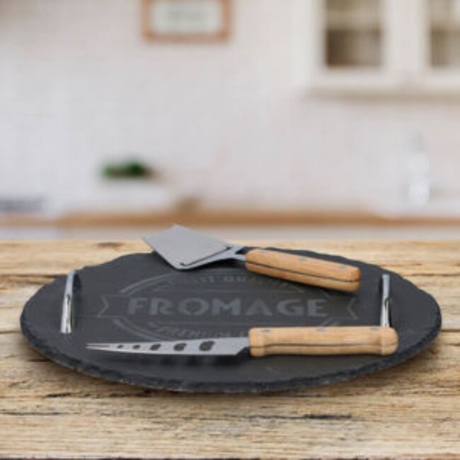 Alpina Ronde kaasplank set - leisteen - 30 cm - inclusief 2 kaasmessen