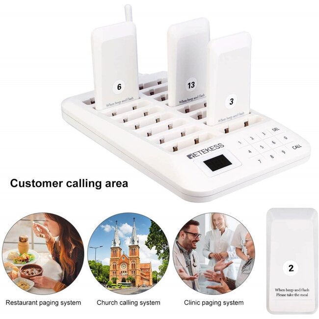 Retekess Gasten oproepsysteem - kunststof - draadloos - 10,6 x 5,2 x 1,1 cm - wit - 16 piepers - horeca - 300 m bereik