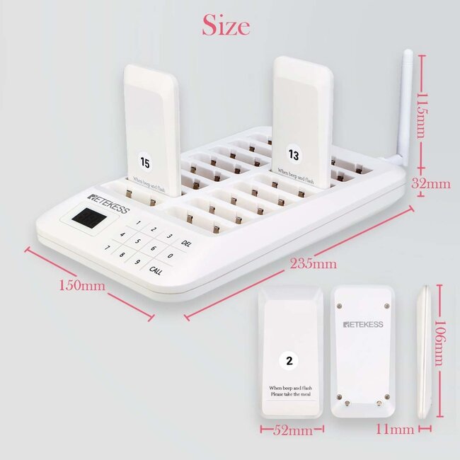 Retekess Gasten oproepsysteem - kunststof - draadloos - 10,6 x 5,2 x 1,1 cm - wit - 16 piepers - horeca - 300 m bereik
