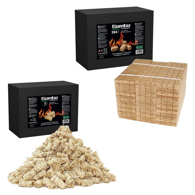 Samba Aanmaakpakket barbecue en haard - snel aansteken - aanmaakblokjes van vezelplaat en houtwolkrullen - 384 stuks + 2 kg