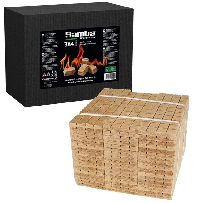 Samba Aanmaakpakket barbecue en haard - snel aansteken - aanmaakblokjes van vezelplaat en houtwolkrullen - 384 stuks + 2 kg
