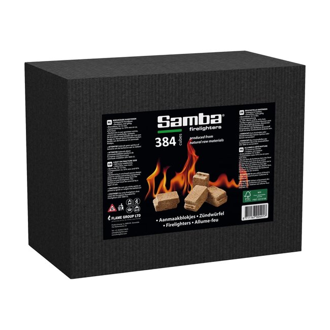 Samba Aanmaakpakket barbecue en haard - snel aansteken - aanmaakblokjes van vezelplaat en houtwolkrullen - 384 stuks + 2 kg