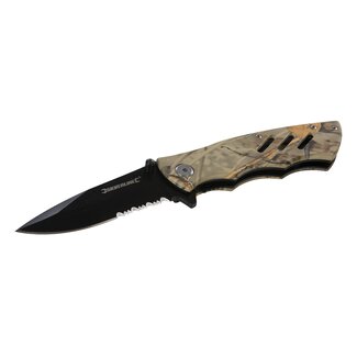 Silverline Zakmes inklapbaar - roestvrijstalen blad - half gekarteld met riemclip - 19,5 cm - camouflage en zwart - buitensport