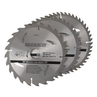 Silverline Cirkelzaagbladenset - 200 mm - 24/40/48 Tanden - Inclusief Verloopringen - 3-delig