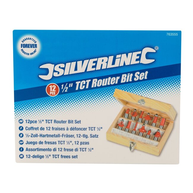 Silverline Freesbitset - hardmetaal en gehard staal - randen en groeven - 1/2 inch - houtkleurig kistje - 12-delig - houtbewerking