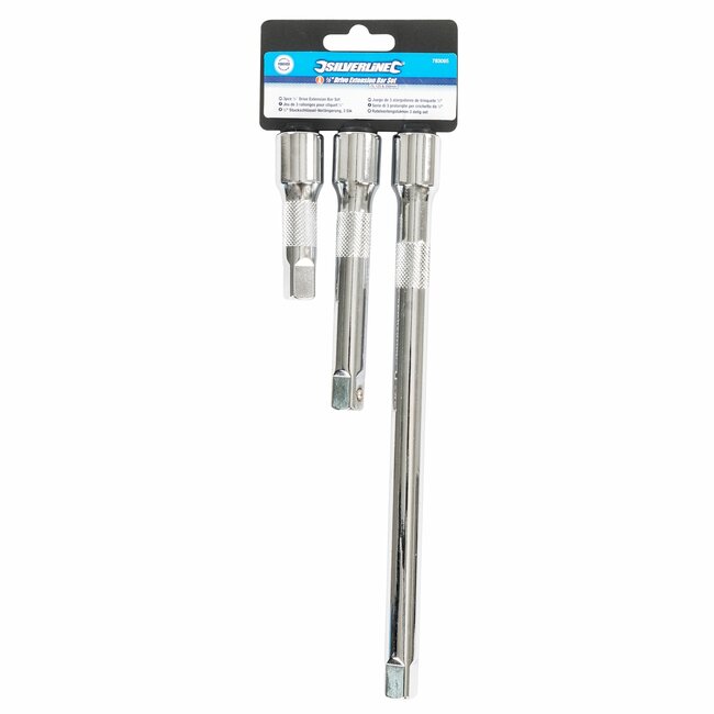 Silverline Ratelverlengstukken set - chroom-vanadiumstaal - gekartelde rand - 7,5/12,5/25 cm - zilver - 3-delig - voor ratelsleutel