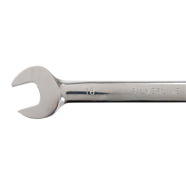 Silverline ringratelsleutelset - chroom-vanadiumstaal - kantelkop 180°, 5° ratel - 8-19 mm - zilver - 12-delig - krappe ruimtes
