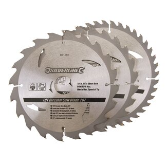 Silverline Cirkelzaagbladenset - 184 mm - 20, 24 en 40 Tanden - Inclusief Verloopringen - 3-delig