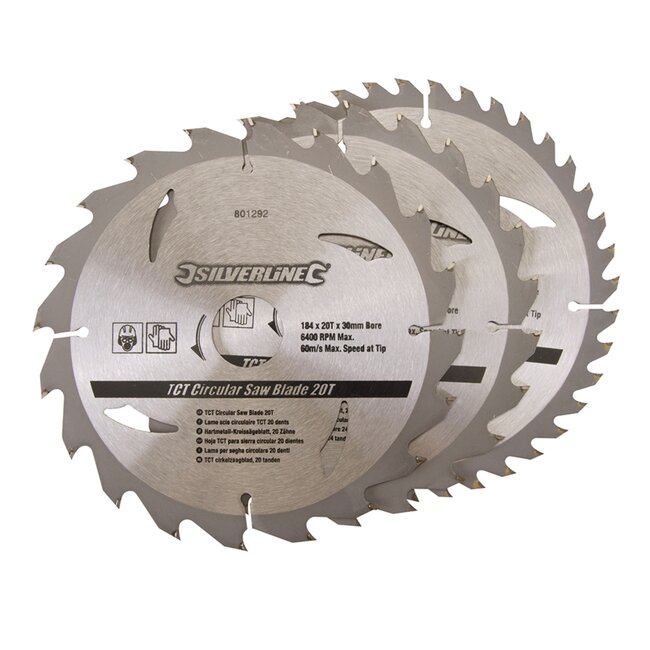Silverline Cirkelzaagbladenset - 184 mm - 20, 24 en 40 Tanden - Inclusief Verloopringen - 3-delig