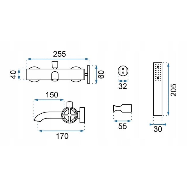 REA Badmengkraan met handdoucheset - mat zwart - industrieel design - muurmontage