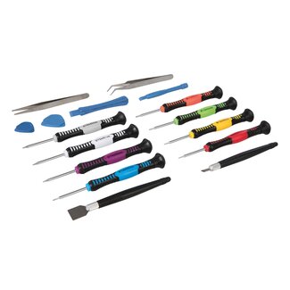 Silverline Precisie reparatieset - koolstofstaal - handvat 9,8 cm - diverse kleuren - 16-delig - voor telefoon, tablet, laptop