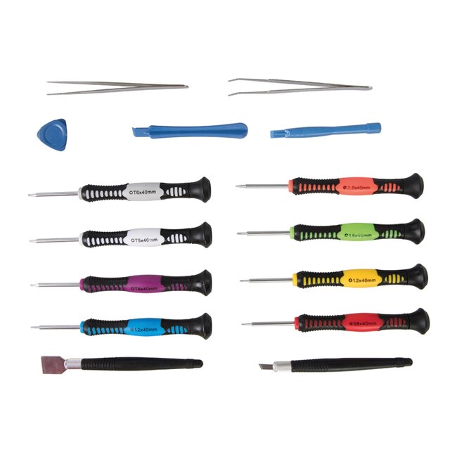 Silverline Precisie reparatieset - koolstofstaal - handvat 9,8 cm - diverse kleuren - 16-delig - voor telefoon, tablet, laptop