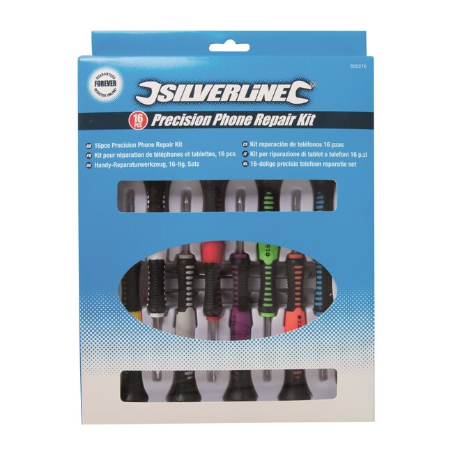 Silverline Precisie reparatieset - koolstofstaal - handvat 9,8 cm - diverse kleuren - 16-delig - voor telefoon, tablet, laptop