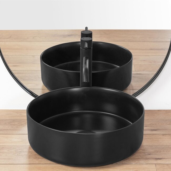 REA Ronde opzetwastafel - mat zwart - keramiek - Ø 36 cm - antibacterieel