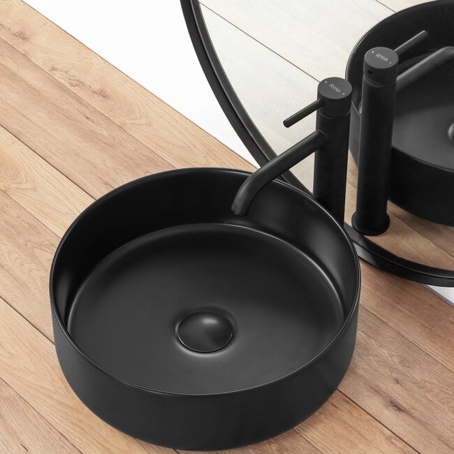 REA Ronde opzetwastafel - mat zwart - keramiek - Ø 36 cm - antibacterieel