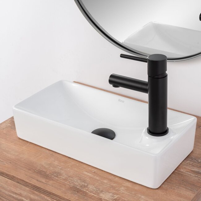 REA Compacte rechthoekige opzetfontein - glans wit - 43,5 x 21 x 9 cm - vuilafstotend en antibacterieel